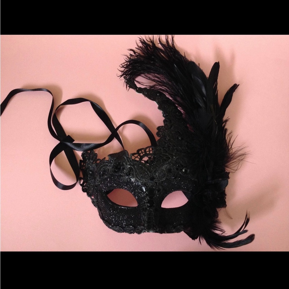 Brocade Lace Black masquerade ball mask with peacock and ostrich feather